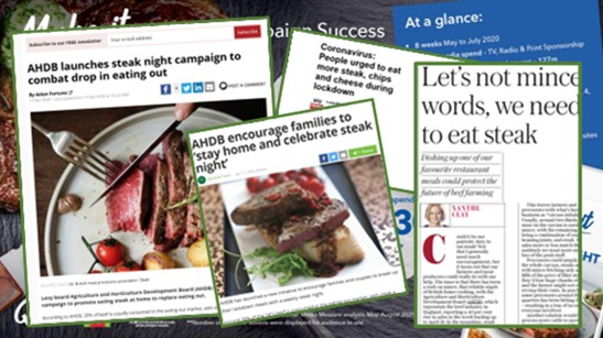 Graphic featuring headlines about AHDB's beef steak campaign